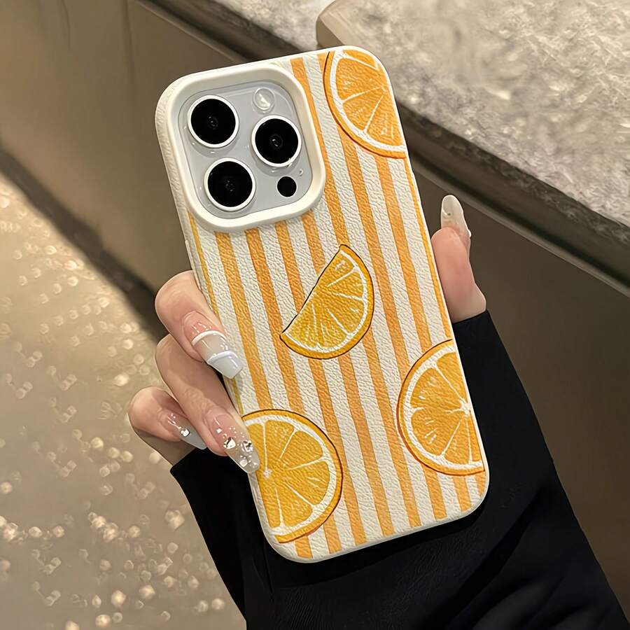 1pc White Matte Minimalist Lens Protection Striped Orange Pattern Phone Case Personalized Compatible With IPhone 16 Pro Max 17/16/15/14 Plus/13/12/11 Air And Series - Multicolor - View 1