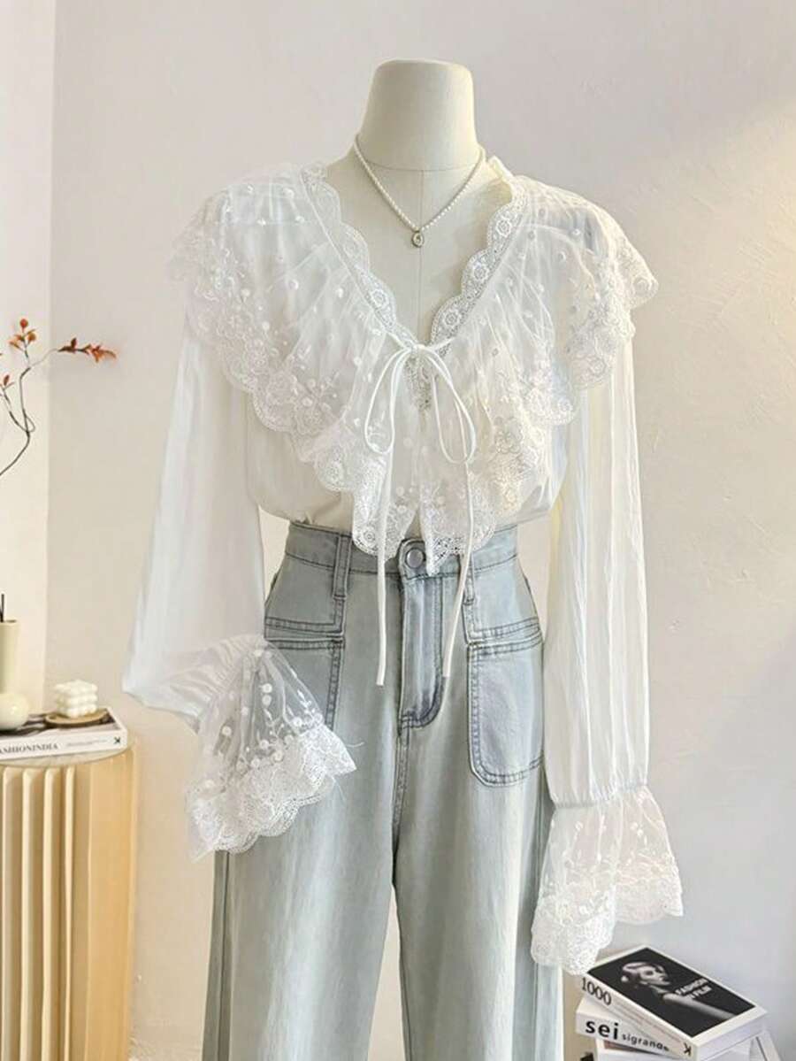 Women's Lace Patchwork Long Sleeve Blouse White