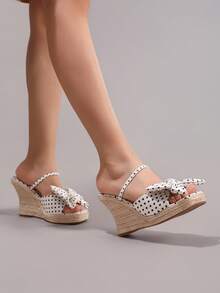 Fashionable Rope Wedge Platform Sandals With Polka Dot Pattern, Open Toe, High Heel Slides, Summer Vacation Casual Chunky Heel High Heels For Women - White - View 8