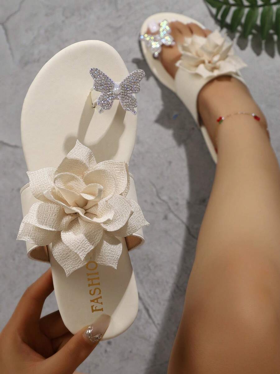 女款時尚休閒拼接色可愛水鑽裝飾戶外沙灘夾腳拖鞋 - 米色 - 查看 1
