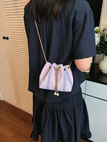 Mini New Fashion Straw Woven Gold Chain Drawstring Bucket Bag Beach Bag - Purple - View 9
