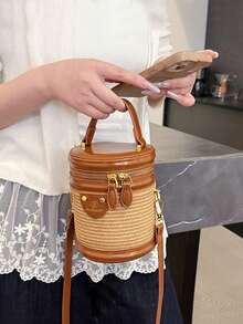 Vintage French Style Cylinder Handbag Summer New Artificial Leather Patchwork Mini Bucket Bag Niche Shiny Patent Leather Trim Dual Zipper Design With Metal Rivet Nameplate Decoration Short Handle Detachable Long Shoulder Strap Hand-Carry Crossbody Dual-Use Women's Bag Vacation Travel Beach Commute Versatile Exquisite Petite Lightweight Woven Bucket Bag - Brown - View 5