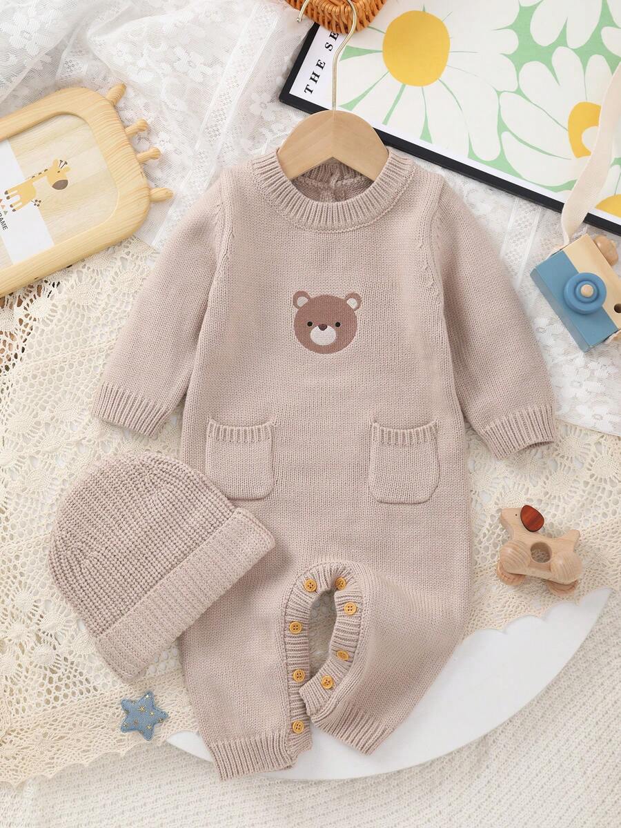 Baby Boy Cute Bear Pattern Embroidered Pocket Design Sweater Romper ...