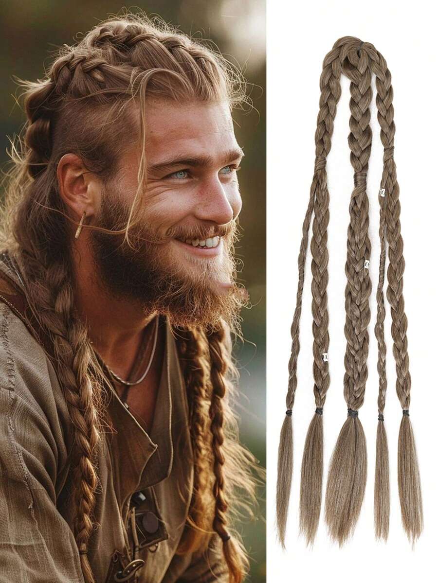 Hårextensions för män – 24 tum handvävda clip-in hästsvansförlängningar, perfekta för Halloween-vikingkostymer och renässanskrigar-accessoarer – finns i flera färger - Multifärgad - Visa 1