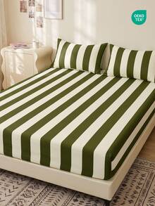 1PC Stripe Pattern Fitted Sheet Only, Mattress Protector, Bed Cover, Bed Sheet, Wrinkle Free, Breathable And Comforter, For All Size Bed, For School Bedding Dorm, Bedroom Decor, Bedding, (Pillow And Pillowcase Not Included) Machine Washable - Multicolor - View 7