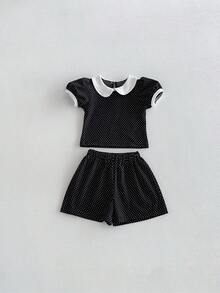 Miniweenns 2pcs Casual Cute Polka Dot Outfit For Baby Girls, Short Sleeve Top With White Trim + Matching Shorts - Black - View 7