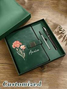 Anpassad anteckningsbok med blomknapp, dagbok i konstläder med präglat blommönster, guldknapp, anpassningsbart namn, inkluderar penna och presentask, bullet journal-pappersvaror, skolstart, examenspresent - Multifärgad - Visa 4