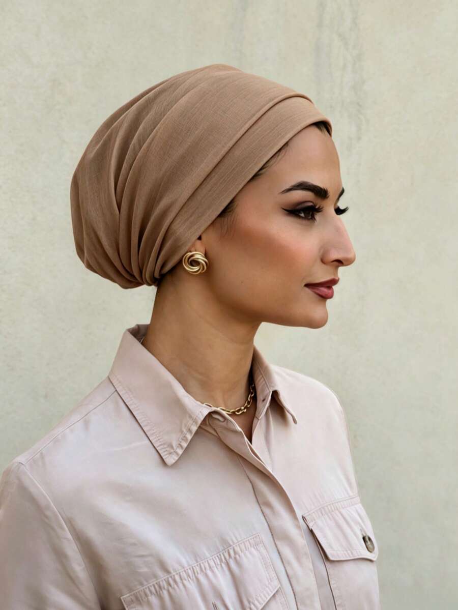 2pcs Solid Color Women's Classic 2in1 Instant Turban Headscarf Hat, High Elasticity Full Pleated Cap & Non-Slip Pleated Headband, Multi-Layer Pleated Design To Shape Head, Premium Knit Jersey Fabric, Sweat-Absorbent And Breathable, Suitable For Muslim Daily Life And Outings