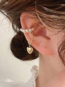 1pc Exquisite Heart Rhinestone Elegant Ear Cuff, Sweet & Spicy Tassel Heart Pearl Non-Pierced Ear Cuff, Elegant Elegant Commute Ear Jewelry - Gold - View 1