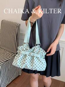 CHAIKA & KILTER 1件裝拼色PU布料托特包，女款時尚肩背托特包，滿版圓點圖案，雙手把設計，拉鍊開合，飾帶裝飾，適合日常與街頭使用 - 綠色 - 查看 7
