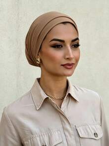 2pcs Solid Color Women's Classic 2in1 Instant Turban Headscarf Hat, High Elasticity Full Pleated Cap & Non-Slip Pleated Headband, Multi-Layer Pleated Design To Shape Head, Premium Knit Jersey Fabric, Sweat-Absorbent And Breathable, Suitable For Muslim Daily Life And Outings - Light Khaki - View 3
