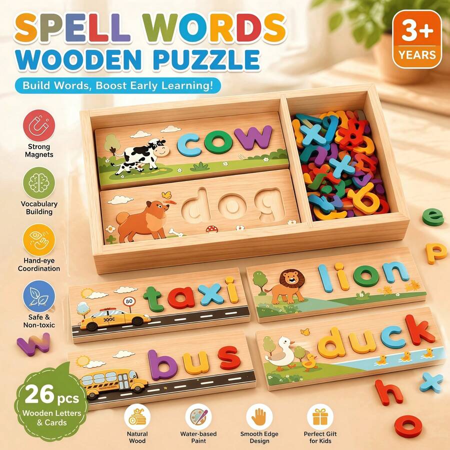 New Kids Wooden Letter Spelling Game, Fun Letter Puzzle Toys, Early Education Cognitive Spelling Game