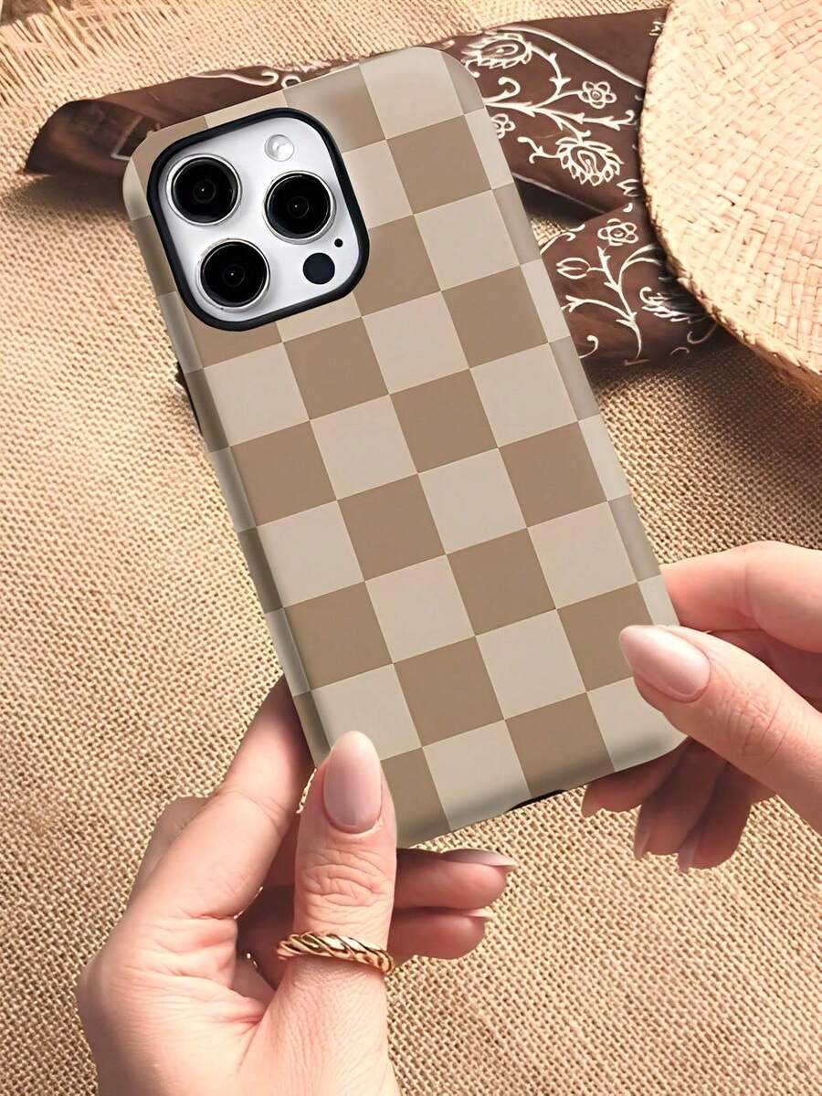 Light Brown And Dark Brown Checkered Phone Cases, Classic Retro, Simple And High-End. Suitable And Compatible With Apple  17,  16, 15, 14,  13, 12, 11 Pro Max Plus, Galaxy 25/24/23/22/21/ULTRA/PLUS/FE/A71/56/55/54/53/52/36/35/34/26/25/23/16/15/14/13/06. Custom-Made Phone Cases, Pursuing Fashion Perfection - White 1 - View 1