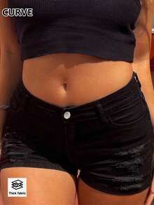 Damen-Mode Sexy Lässig Mittlere Taille Stretch Distressed Große Größen Denim Shorts Sommer Schwarz - Schwarz - Übersicht 6