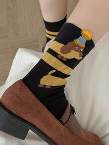 Cute Dachshund Pattern Crew Socks, Cartoon Animal Design, Soft And Breathable, Mid-Calf Height, Novelty Aesthetic Casual Socks For Daily Wear - Multicolor - View 2