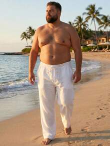男士大尺碼 1XL-6XL 寬鬆直筒亞麻休閒長褲，夏威夷度假風海灘長褲 - 白色 - 查看 5