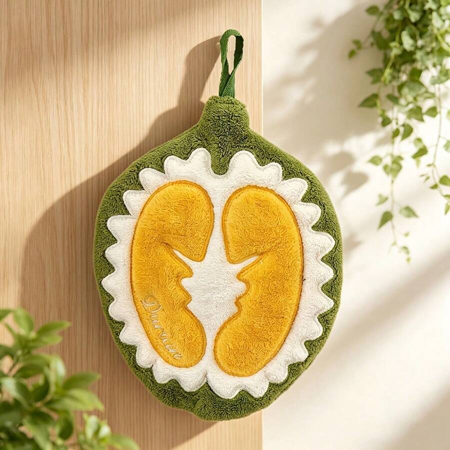 Cartoon Fruit Hand Towel Suitable For Kitchen And Bathroom, 1-Piece Pack.Fun Durian, Guava, Fig, Papaya Coral Fleece Towel, Ultra-Soft, Highly Absorbent, Quick-Drying Towel, Used For Bathing And Home Decoration, Essential Kitchen Towel, Cute Housewa - Durian - View 1