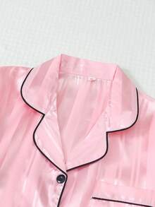 2件組緞面條紋短袖翻領上衣與蝴蝶結短褲女款睡衣家居服套裝 - 粉色 - 查看 3