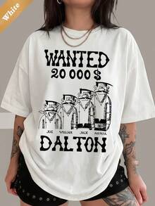 Lucky Luke Dalton Gang Wanted Poster Black & White Cartoon Graphic Cotton T-Shirt Classic Western Comic Casual T-Shirt.. - White - View 1