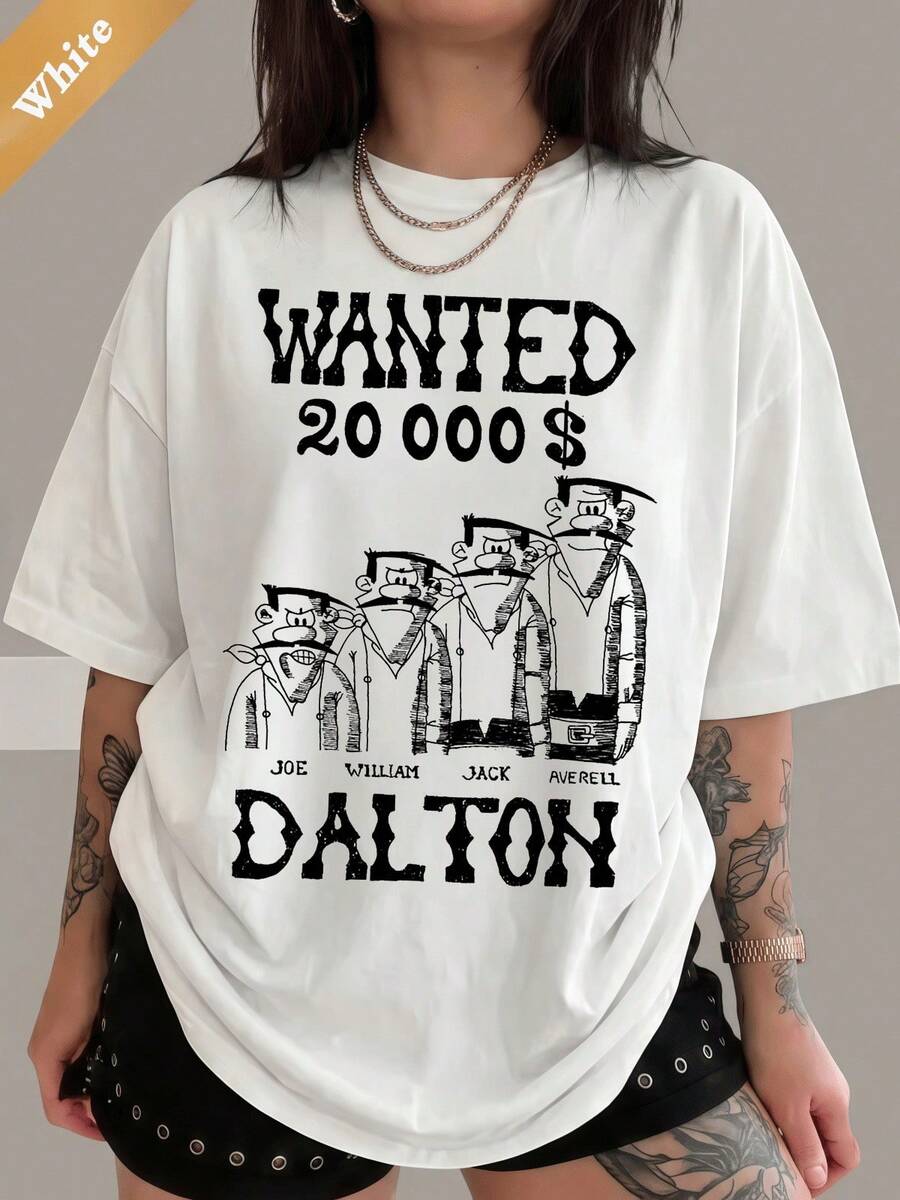 Lucky Luke Dalton Gang Wanted Poster Black & White Cartoon Graphic Cotton T-Shirt Classic Western Comic Casual T-Shirt.. - White - View 1
