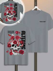 Camiseta Masculina Caveira e serpente de rosa vermelha Casual Esportiva Streetwear Y2K com Estampa de Elementos de Caveira, Rosa e Cobra, da Moda, de Manga Curta - Cinza - Visão 3