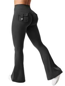 YEOREO Flare Leggings With Pockets For Women Butt Lifting Gym Yoga Leggings Winter Leggings 31.5"Black Leggings No Front Seam Flare Leggings - 黑色 - 查看 7