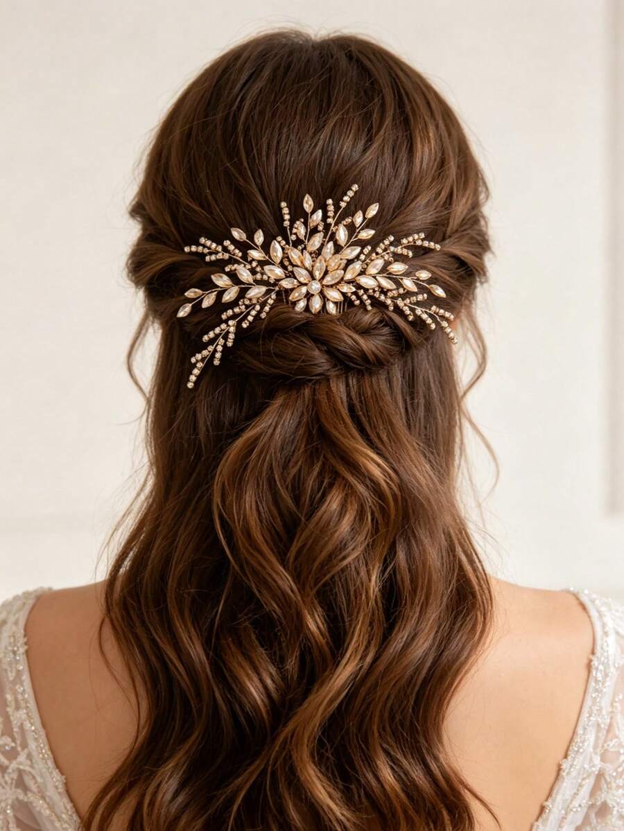 Luxury Champagne Transparent Crystal Leaf Hair Comb, Handmade Bridal Headpiece, Sparkling Rhinestone Wedding Hair Accessory, Suitable For Women's Ball, Party Wear - Champagne - View 1