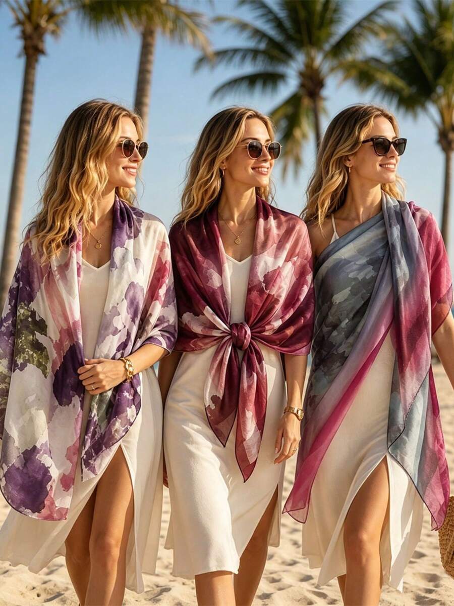 1pc 2026 Fashion Spring/Summer Thin Ink Print Gauze Scarf Street Beach Towel 80*182cm Extra Long Silk Scarf Women Breathable Versatile Floral Print Shawl Headscarf Scarf Wrap Suitable For Travel, Photography, Check-In - Multicolor - View 1