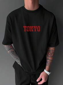 Men's Short Sleeve T Shirt,Printed With Heat-Transfer Racing Car Patterns And English Graphics,Fashionable Casual Round-Neck Top,Spring And Summer Out - 黑色 - 查看 2