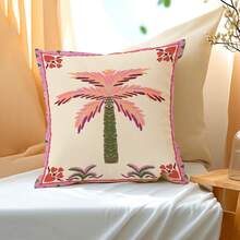 1pc Pink Hand-Painted Palm Tree Border Print Pillow Case, Classic Pastoral Style Polyester Square Single-Sided Zipper Closure Cushion Cover Without Pillow Insert, Living Room Sofa Balcony Homestay Flower Shop Spring Summer Home Decor - Pink - View 5