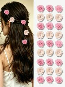 6/12pcs/Set Fabric Rose Flower Hair Clips, Sweet Hair Accessories, Gentle Fabric Rose Small Flower Hair Clips, Pink And Beige Gentle Color Palette Versatile And Practical - Suitable For Girls And Women, Applicable For Daily Outings, Vacations, Shopping, Dates, Graduation Season, Random Colors - Multicolor - View 6
