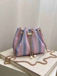 Mini New Fashion Straw Woven Gold Chain Drawstring Bucket Bag Beach Bag - Purple - View 2