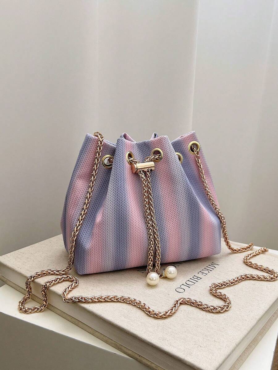 Mini New Fashion Straw Woven Gold Chain Drawstring Bucket Bag Beach Bag