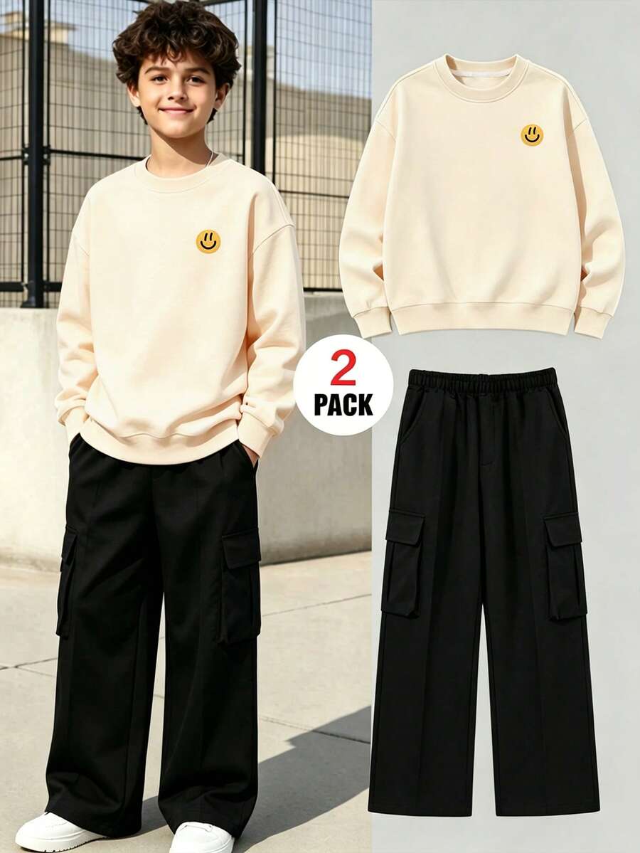 2-Piece Set/Outfit For Boys, With Faux Embroidery Pattern Crew Neck Long Sleeve Sweatshirt And Cargo Pants, Soft Fabric Casual Clothings - Multicolor - View 1
