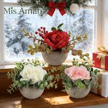Artificial Plant With Grey Cement Pot, Three-Color Roses, Small And Delicate, Suitable For Decorating Kitchen, Office, Windowsill, Bedroom And Other Spaces, Maintenance-Free - White - View 3