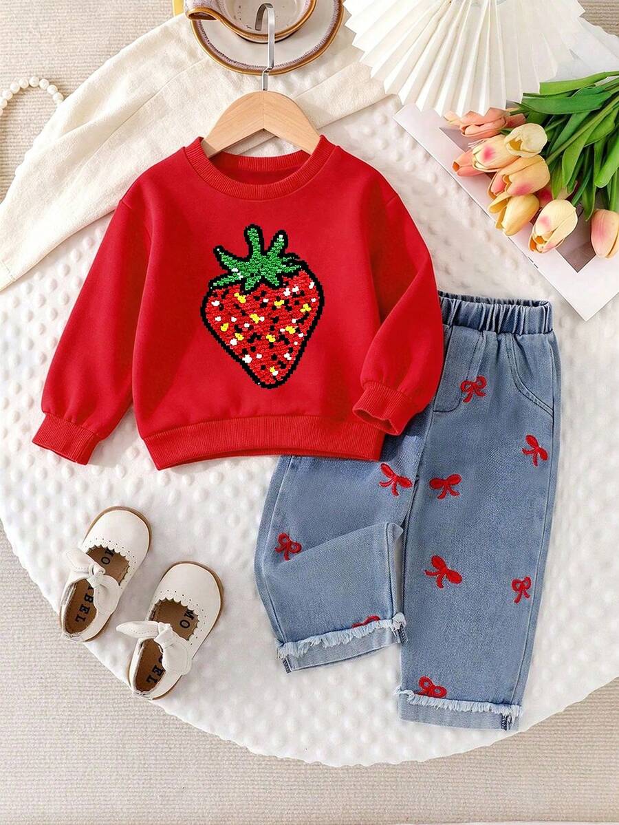 Baby Girl Cartoon Print Round Neck Long Sleeve Warm Sweatshirt And Denim Jeans - Red - View 1