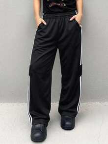1pc Boys' Teenager American Style Side Color Block Sporty Minimalist Outdoor Straight Leg Pants, College Style - Black - View 2