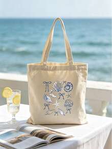 Shell Blue Floral Sweet Style Printed Tote Bag, Lightweight Foldable Shopping Bag, Suitable For Shopping And Daily Activities - Multicolor - View 8