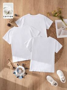 3-Pack Unisex Kids' White Cotton Short Sleeve T-Shirts, Plain Crew Neck Basic Tees For Back To School, Daily Wear & Layering - White - View 2