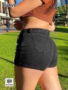 Damen-Mode Sexy Lässig Mittlere Taille Stretch Distressed Große Größen Denim Shorts Sommer Schwarz - Schwarz - Übersicht 10