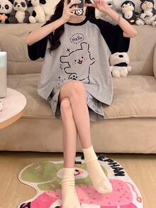 2pcs Women's Pajama Loungewear Set, Cute Animal Print Pattern Pullover Round Neck Casual Short Sleeve, Spring/Summer - Grey - View 10