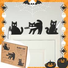 Set Dekorasi Dinding Kayu Kucing Hitam Menyeramkan dengan 3 Buah Pose Unik, Dekorasi Seni Dinding yang Menyenangkan, Cocok untuk Lorong Masuk, Dapur, Rak, Hadiah untuk Pecinta Kucing - 3 buah - View 6