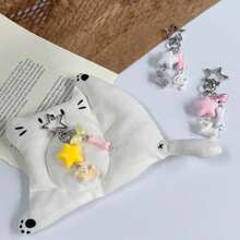 1pc Ins Cute Delicate Minimalist Silver Chain Cross Resin Star Bowknot Flocked Multi-Color Rabbit Bear Pendant Keychain Bag Charm, Suitable For Girls Women Daily Wear, Holiday Gift - Multicolor - View 4