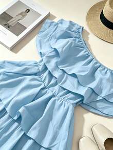 1pc Solid Color Ruffled/Flounce Knot Multi-Layer Cake Off-Shoulder Jumpsuit For School Back-To-School Party Stage And Concert All Seasons Summer - Light Wash - View 8