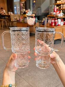 2件組玻璃杯附手把蓋與吸管，500ml/17oz 便攜美感飲水杯，可重複使用冰咖啡杯，適用於奶昔、果汁、珍珠奶茶、冷熱飲，耐熱至80℃ - 彩色 - 查看 1
