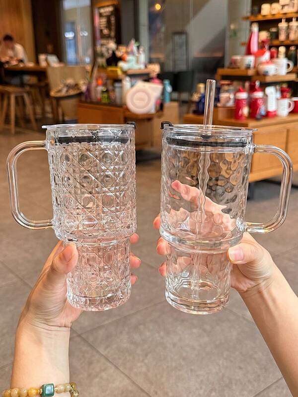 2 vnt./rinkinys stiklinių puodelių su rankenėle, dangteliu ir šiaudeliu, 500 ml/17 oz nešiojamas estetinis geriamasis puodelis, daugkartinio naudojimo ledinis kavos puodelis, tinka pieno kokteiliams, sultims, burbulinei arbatai, šaltiems ir karštiems gėrimams, atsparus karščiui iki 80 ℃