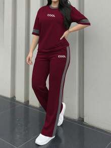 女款春夏秋新款圓領短袖T恤與休閒日常彈性腰鬆身長褲兩件套 - 酒紅色199 - 查看 3
