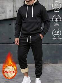 Men's Autumn/Winter Casual Sports Set, Thermal Lined Thick Hooded Sweatshirt + Thermal Lined Jogger Pants 2 Pieces Set, Winter Cold-Resistant Outdoor Men's Outfit - Black - View 4