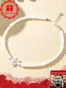 1pc Minimalist Bow Faux Pearl Necklace, Exquisite And Beautiful Ribbon Pearl Beaded Chain, Sweet And Charming Style Jewelry, Elegant Bridesmaid Wedding Accessory, Ideal Gift For Girlfriend, Young Women On Birthday, Anniversary, Valentine's Day, Christmas - White - View 3