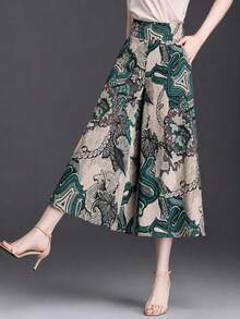 Elegant Autumn/Winter Wide Leg Pants, Bohemian Style Floral & Leaf Print, Slimming High Waist - Multicolor - View 1